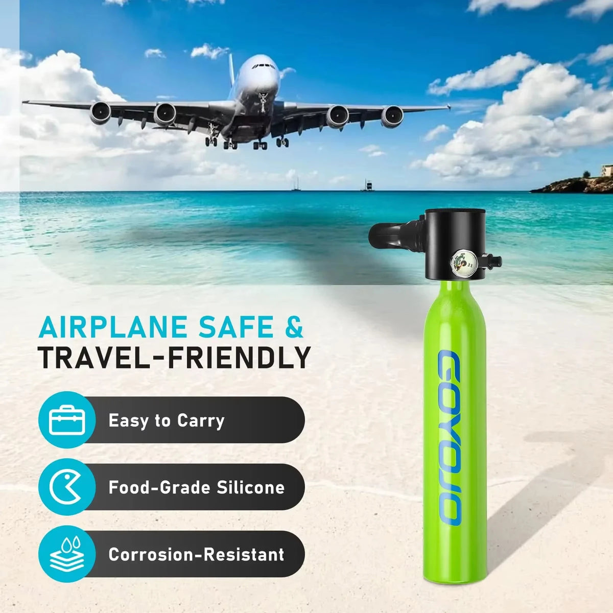 GOYOJO Mini Scuba Tank 0.5L Portable Reusable Diving Tank With flashlight Emergency Diving Cylinder for Snorkeling, Freediving, Boat Cleaning & Air Backup Lightweight & Compact Design Pony Bottle