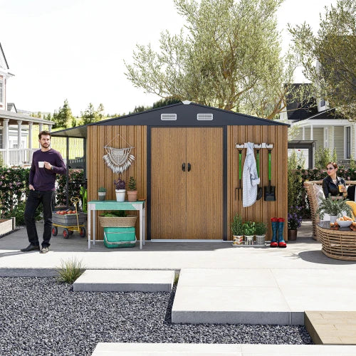 10x12 foot outdoor storage shed, oversized metal shed with lockable doors and windows, outdoor steel cabin