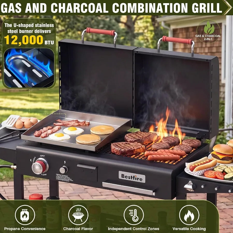 Dual Fuel Gas And Charcoal Grill With Flat Top Griddle