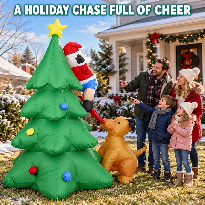Christmas Inflatable Dog Chasing Santa Climbing Tree With LED Lights