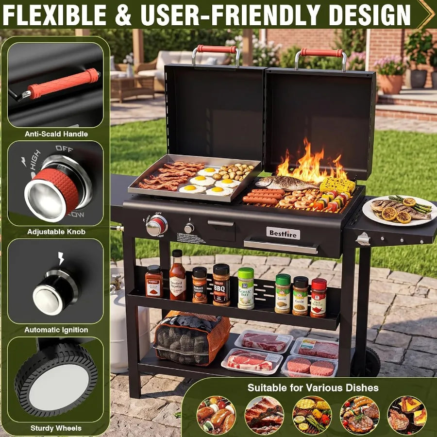 Dual Fuel Gas And Charcoal Grill With Flat Top Griddle