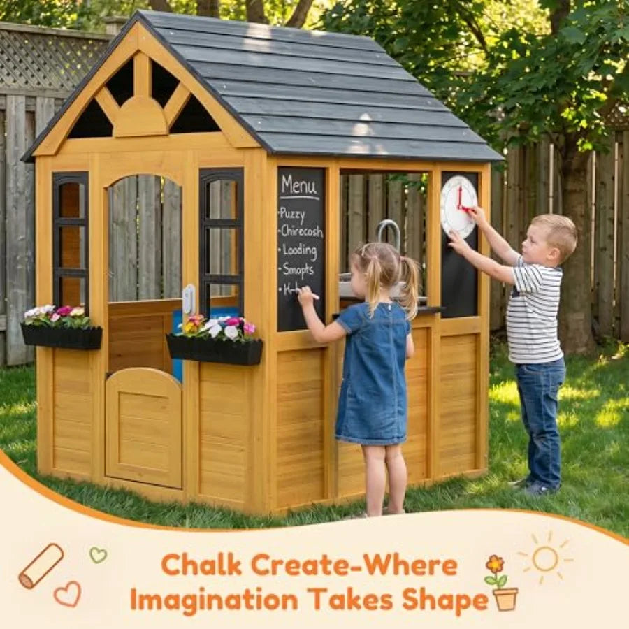 Mdng Outdoor Wooden Playhouse With Kitchen And Snack Bar
