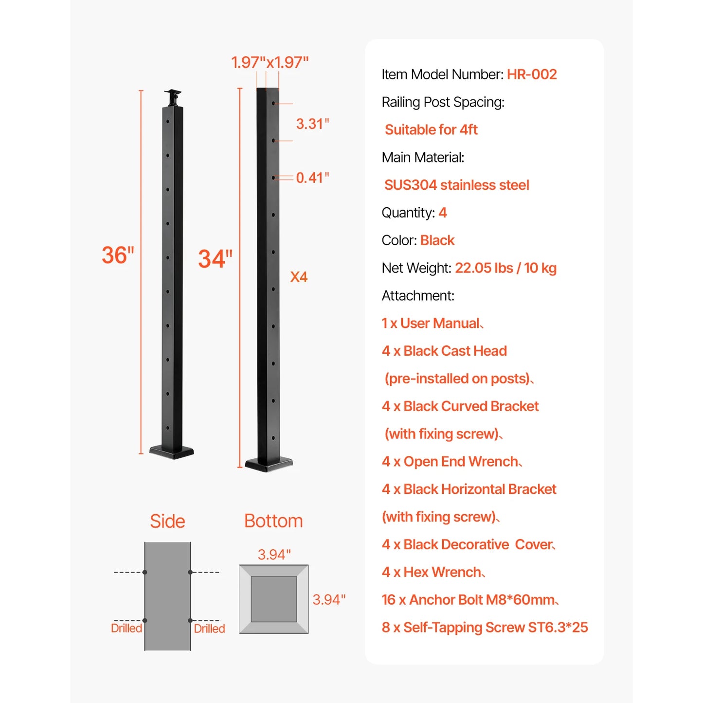 SucceBuy 4Pcs Cable Railing Post 42x1x2In Horizontal-Hole Post w/ Pre-Drilled Hole Stainless Steel w/ Horizontal Curved Bracket