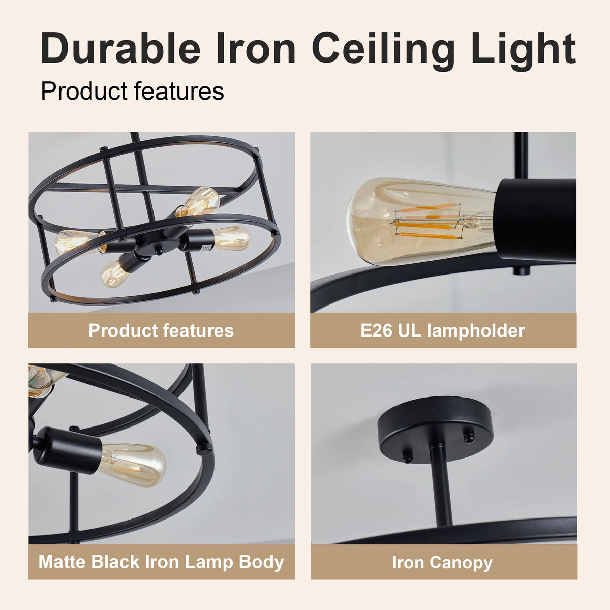 ARLGSTE Four Light Farmhouse Industrial Semi Flush Mount Ceiling Light