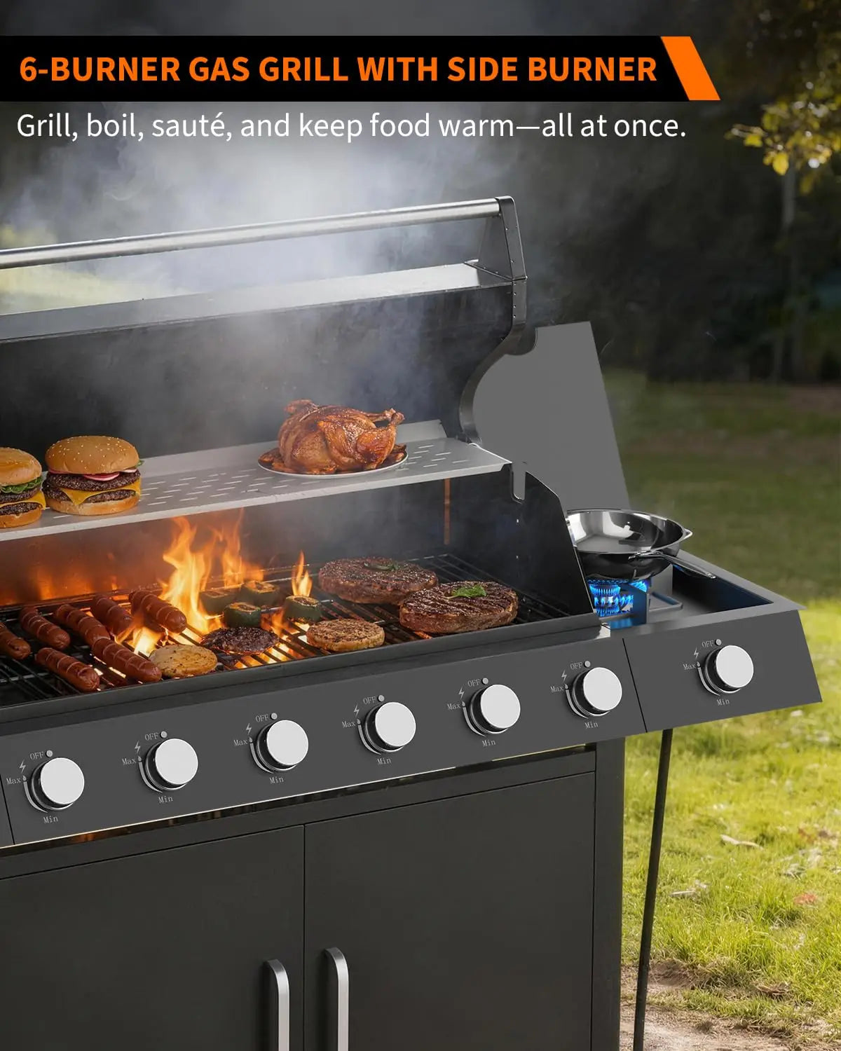 Outdoor Gas Grill with Side Burner, Warming Rack, Storage Cabinet