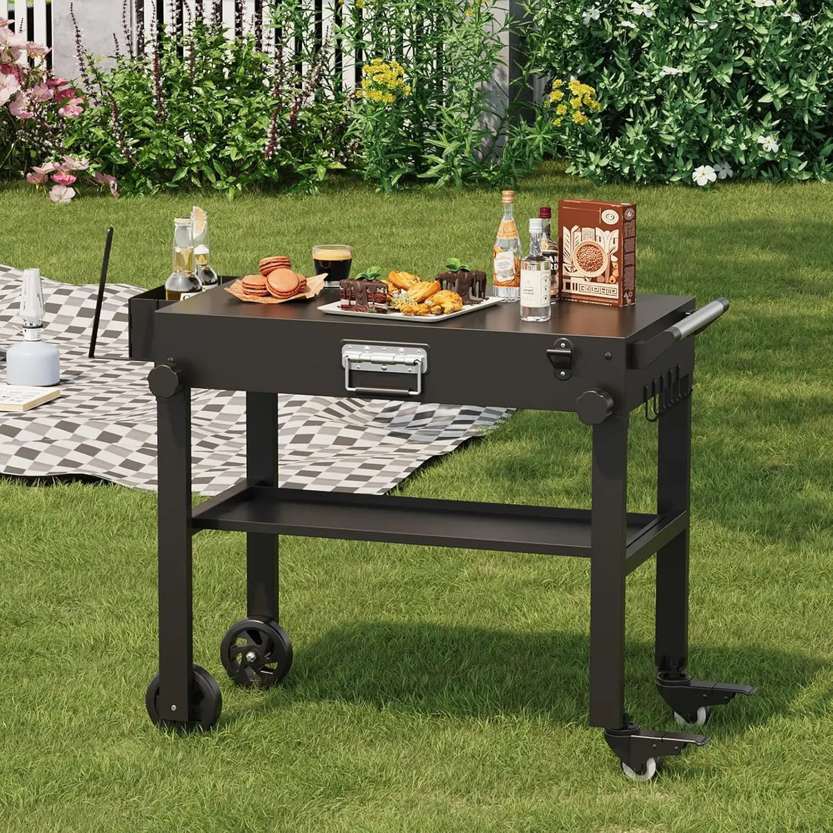 Tacleekii Folding Grill Cart With Locking Wheels and Prep Table
