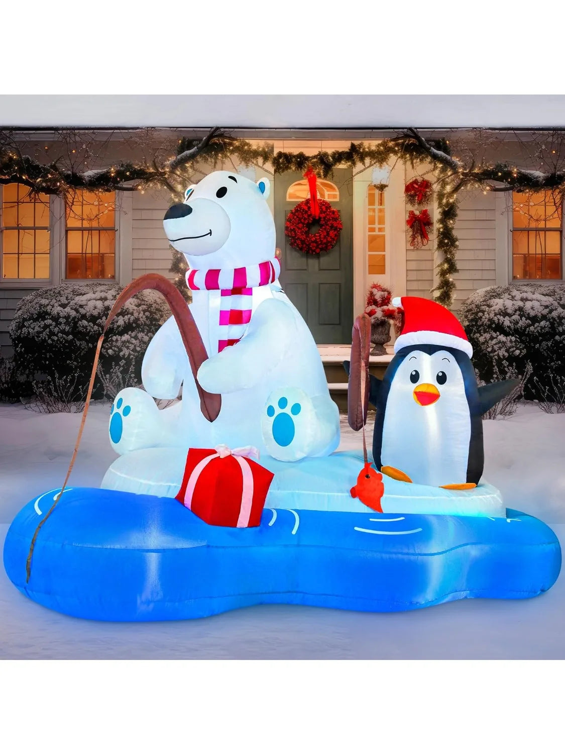 Joyfy Christmas Inflatable Polar Bear Fishing With Penguin LED Decor