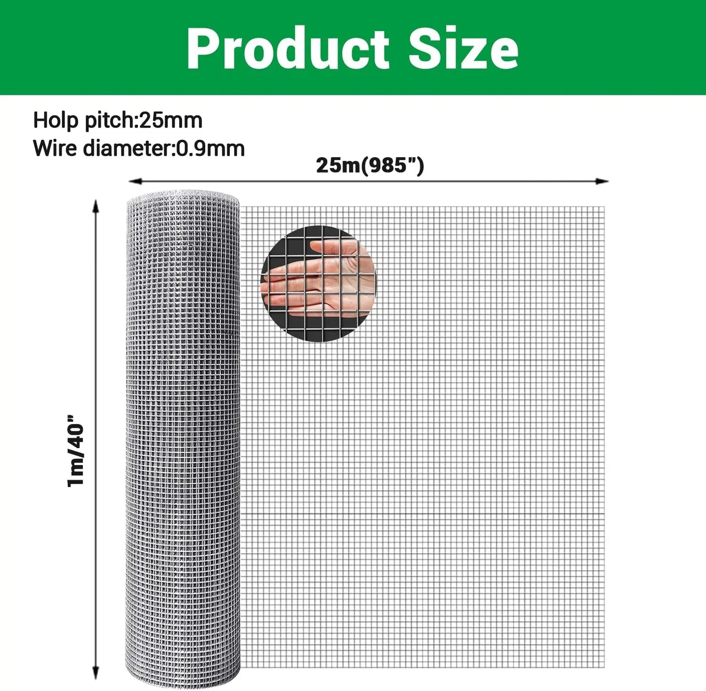 Chicken Wire Mesh Roll, 1 M X 25 M, 25mm Holes, 0.9mm, Aviary Fence Wire Netting Hardware Cloth, Wire Mesh Fencing for Garden