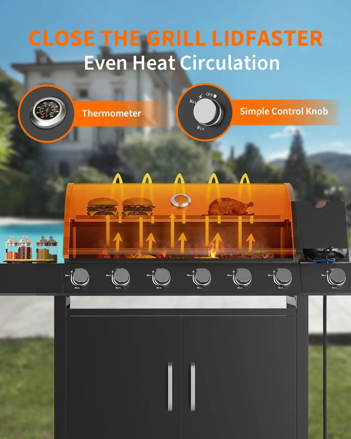 Outdoor Gas Grill with Side Burner, Warming Rack, Storage Cabinet
