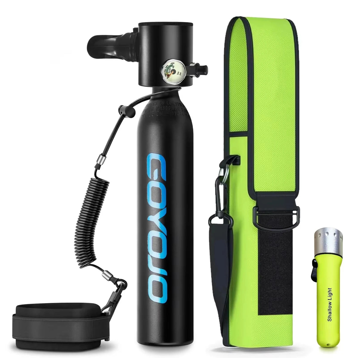GOYOJO Mini Scuba Tank 0.5L Portable Reusable Diving Tank With flashlight Emergency Diving Cylinder for Snorkeling, Freediving, Boat Cleaning & Air Backup Lightweight & Compact Design Pony Bottle