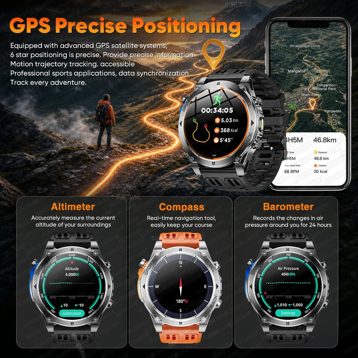 T-RX4 Rugged Outdoor GPS Smartwatch with Compass Altimeter and Barometer
