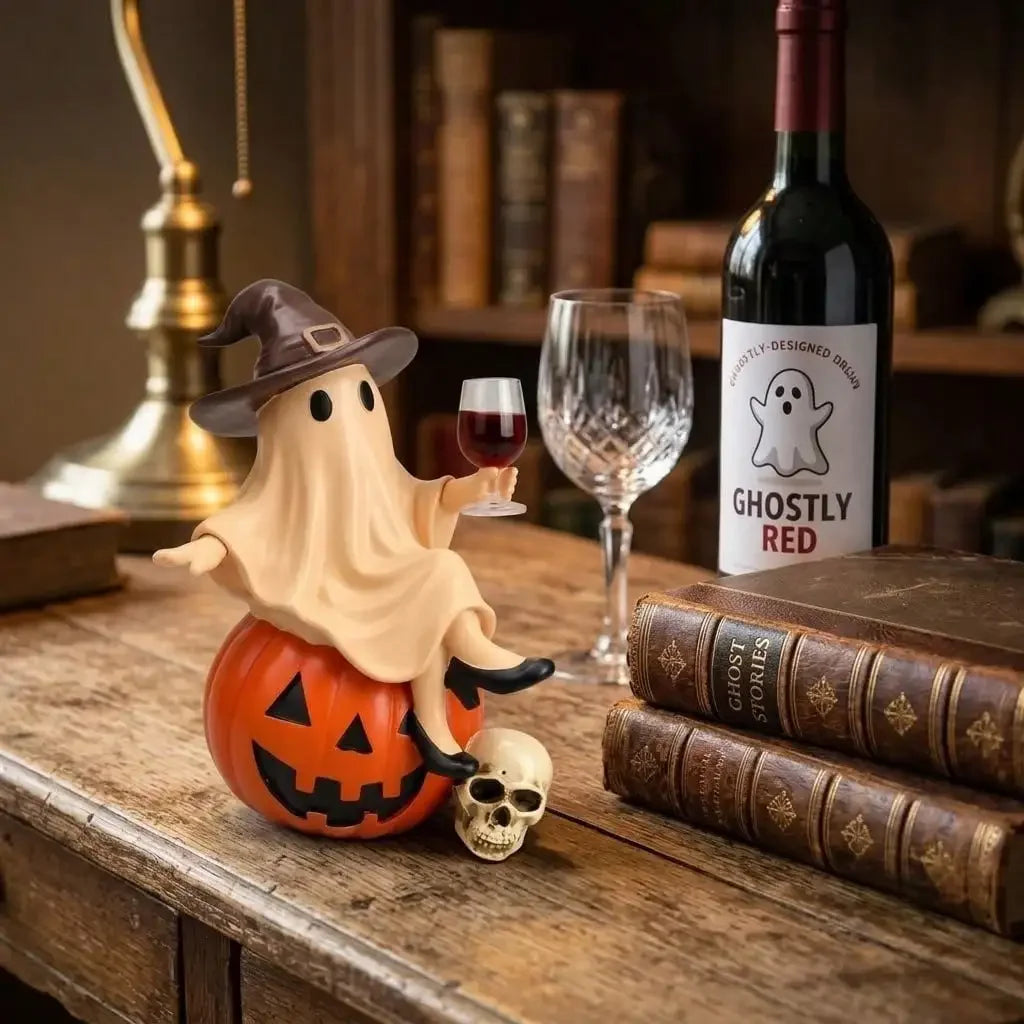 Funny Ghost Holding Wine Glass Resin Statue Halloween Decor Ornament