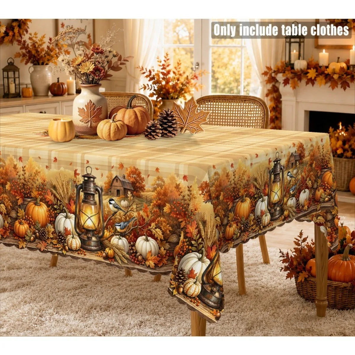 Autumn Harvest Tablecloth With Pumpkins, Maple Leaves And Vintage Lantern