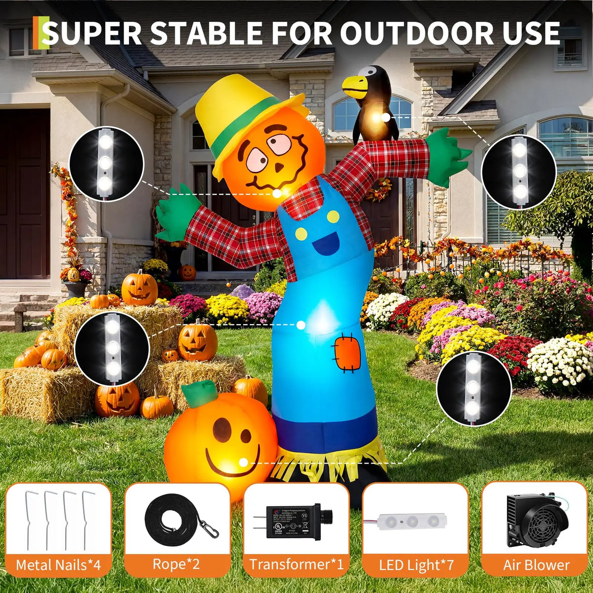 HiMISS Halloween Pumpkin Scarecrow Inflatable Outdoor Decor With LED Lights