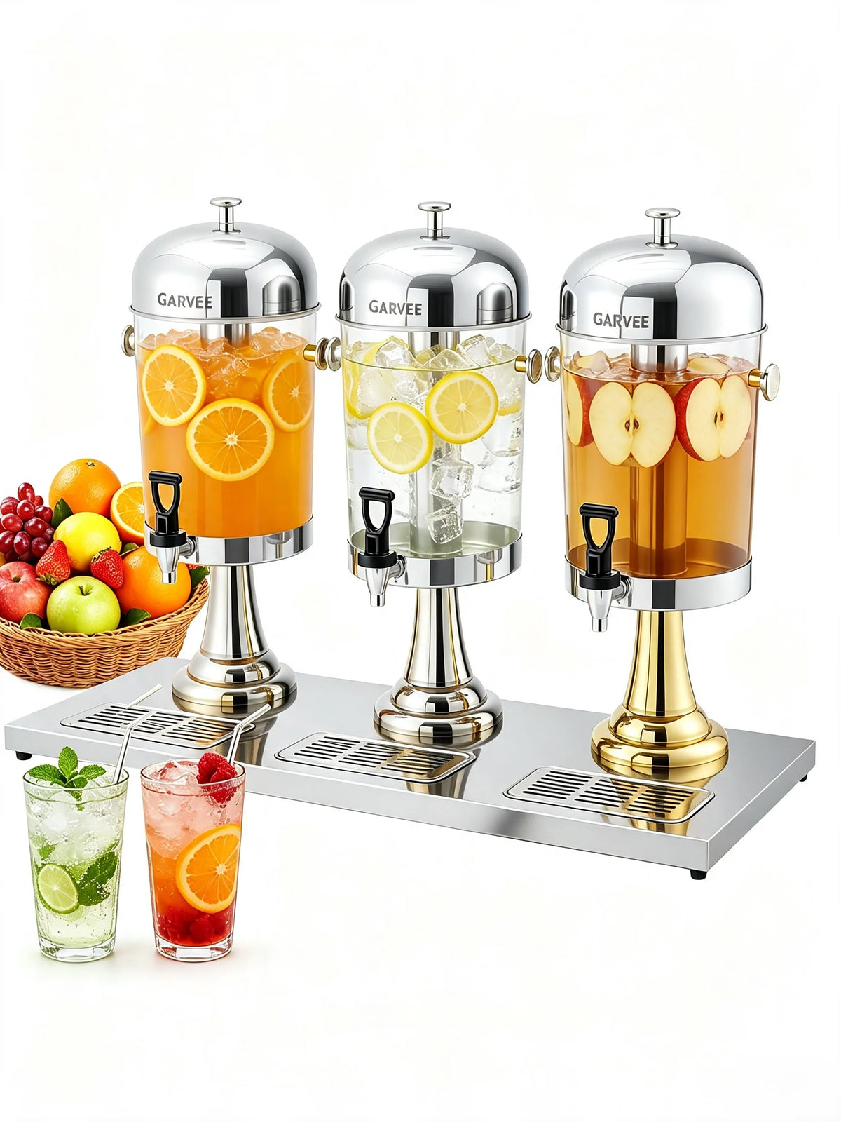 Tacleekii 2.2gal-6.6gal Commercial Drink Dispenser with Ice Core Stainless Steel Beverage Dispenser with Stand, Spigot & Drip Tray for Cold Juice Iced Tea Parties & Weddings