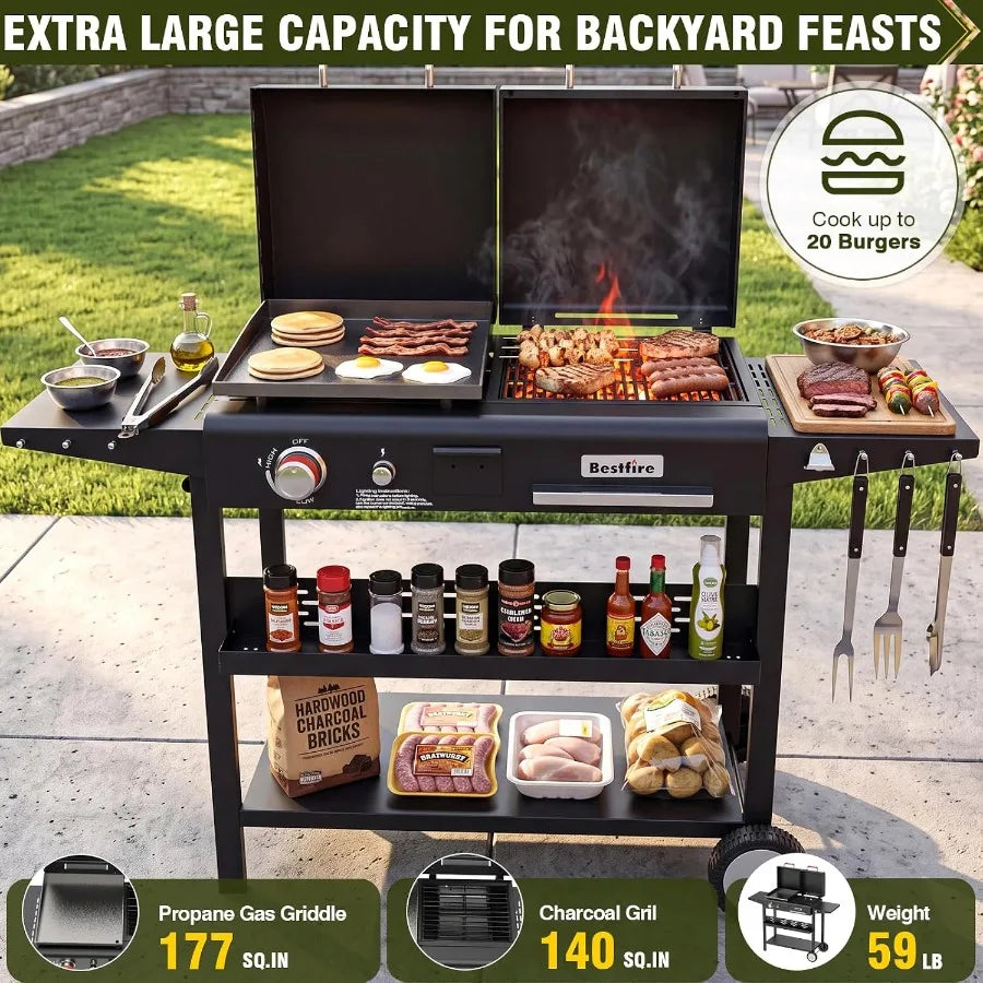 Dual Fuel Gas And Charcoal Grill With Cast Iron Griddle