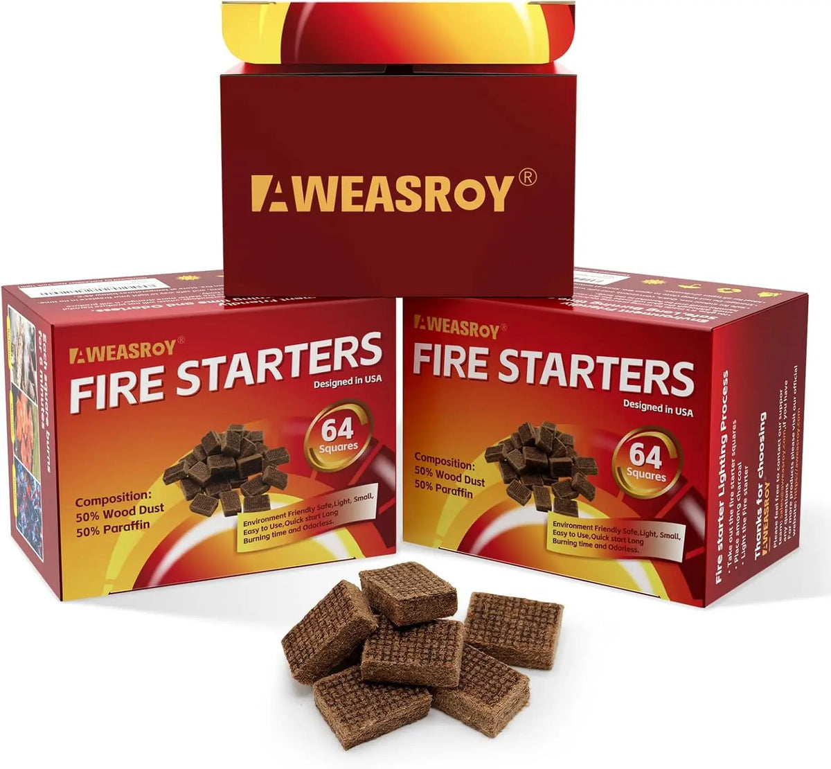 Fire Starter Squares 64 - Fire Starters for Fireplace,Chimney,BBQ Grill,Camping Fire,Wood Stove - Water Resistant and Safe Odourless - Camping Accessories