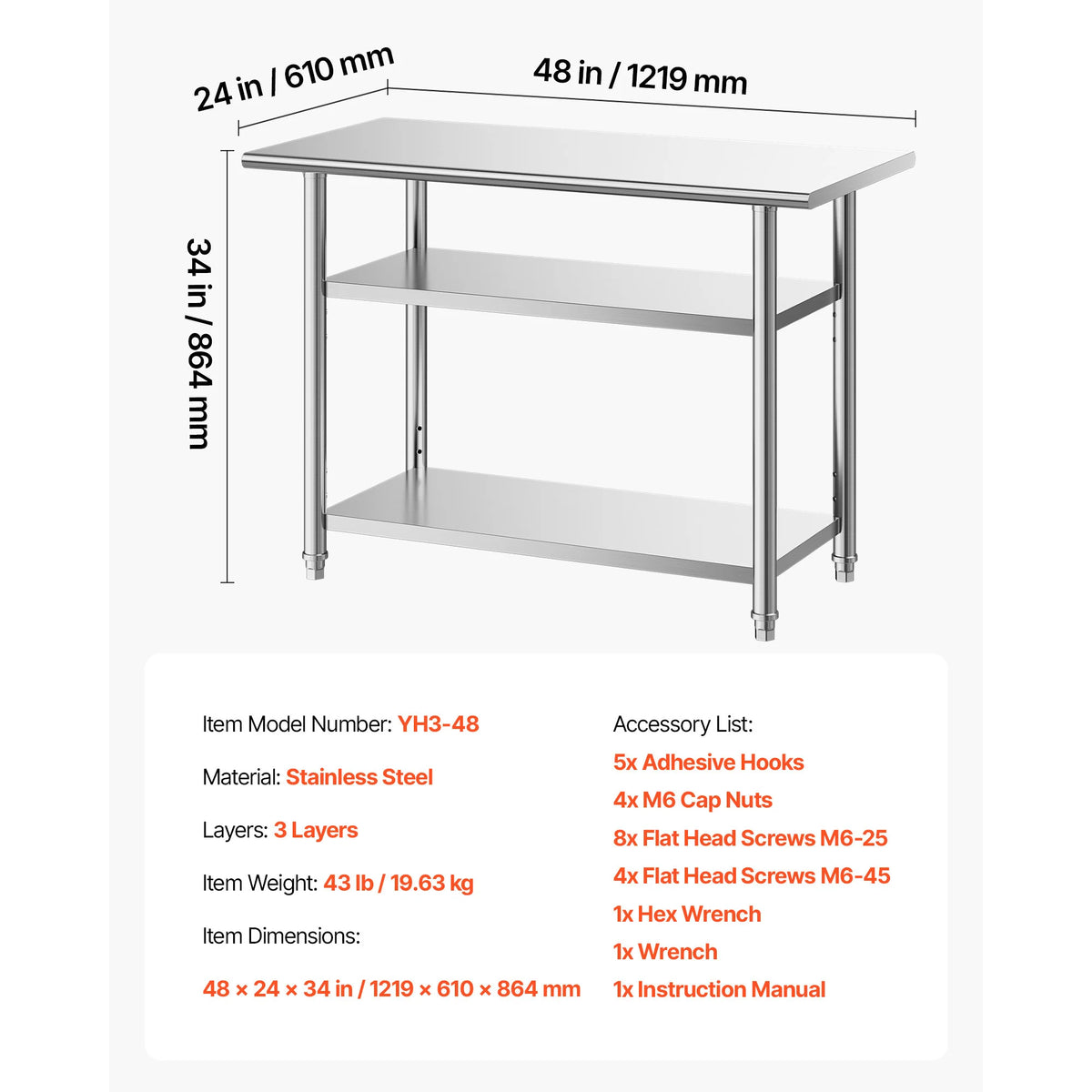 SucceBuy Stainless Steel Work Table With Wheels Commercial Kitchen Station