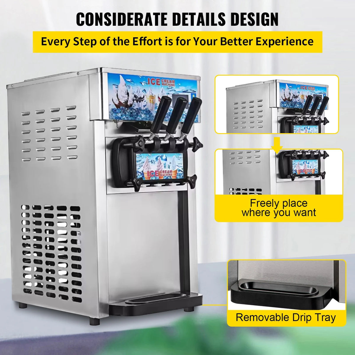 SIHAO Commercial Soft Serve Ice Cream Machine, 18L/H Tri-Flavor Countertop Ice Cream Maker, LCD Display 1200W Compressor, Stainless Steel, One-Touch Cleaning, for Dessert Shop Cafe Restaurant Snack Bar
