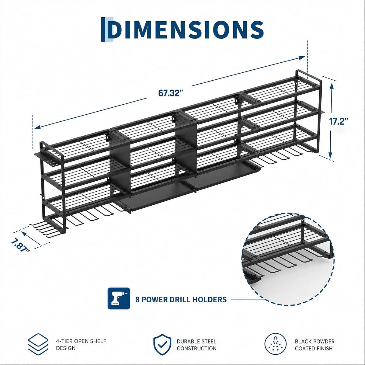 Large Power Tool Organizer Wall Mount Heavy Duty 67 Inch 4-Tier 8 Drill Holder Tool Storage Battery Shelf for Workshop Shed Basement 16 Inch Stud 20 Min Setup