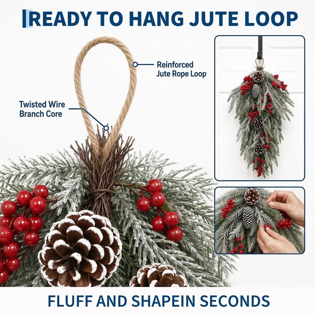HiMISS Prelit Flocked Christmas Teardrop Swag With Timer