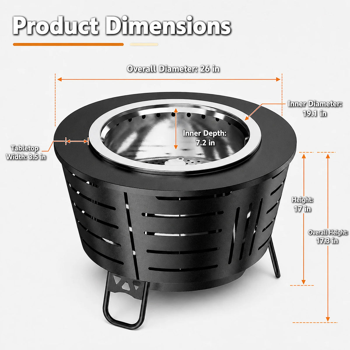 26 inch Smokeless Fire Pit - Triple Burn Technology, with Support Legs, Ash Pan & Tools for Backyard, Patio, Garden