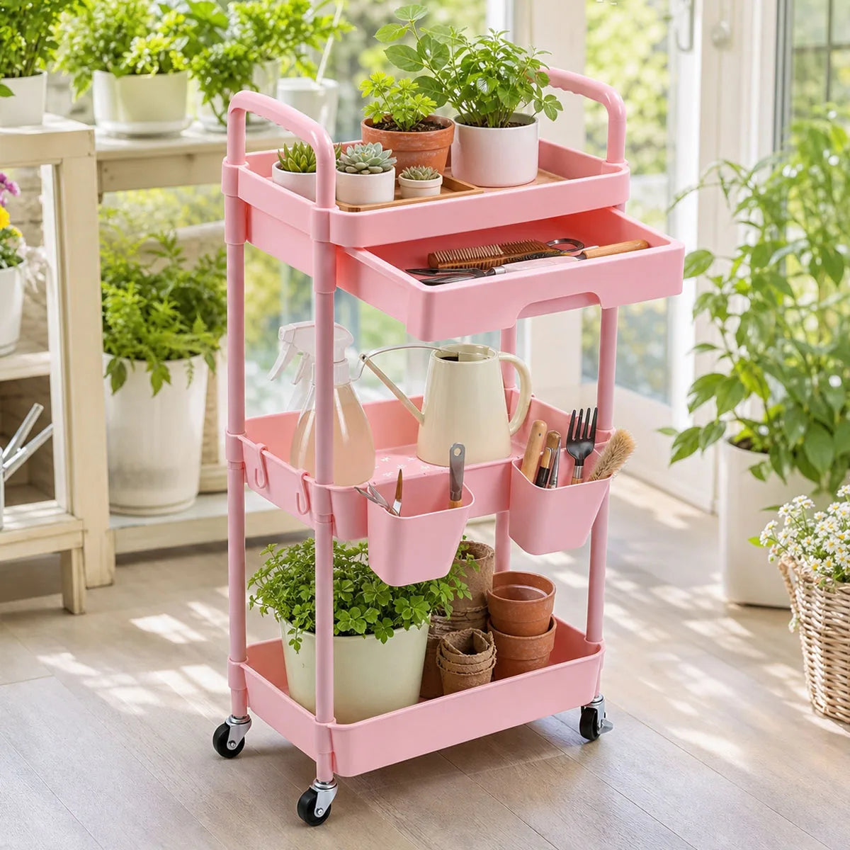 Metal Rolling Storage Cart With Drawer And Hanging Cups
