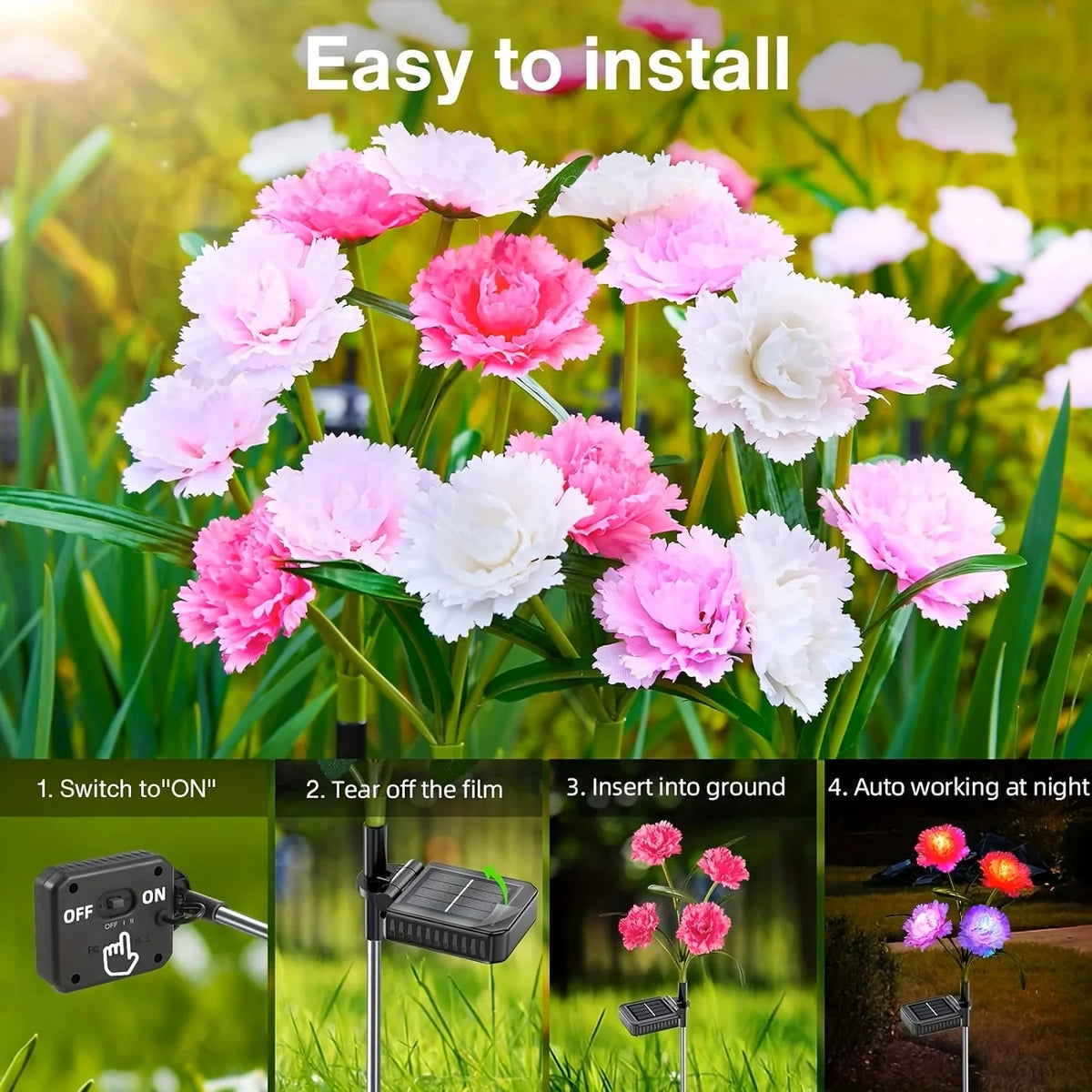 KPSTEK Solar Garden Lights With Waterproof Carnation Flower Design
