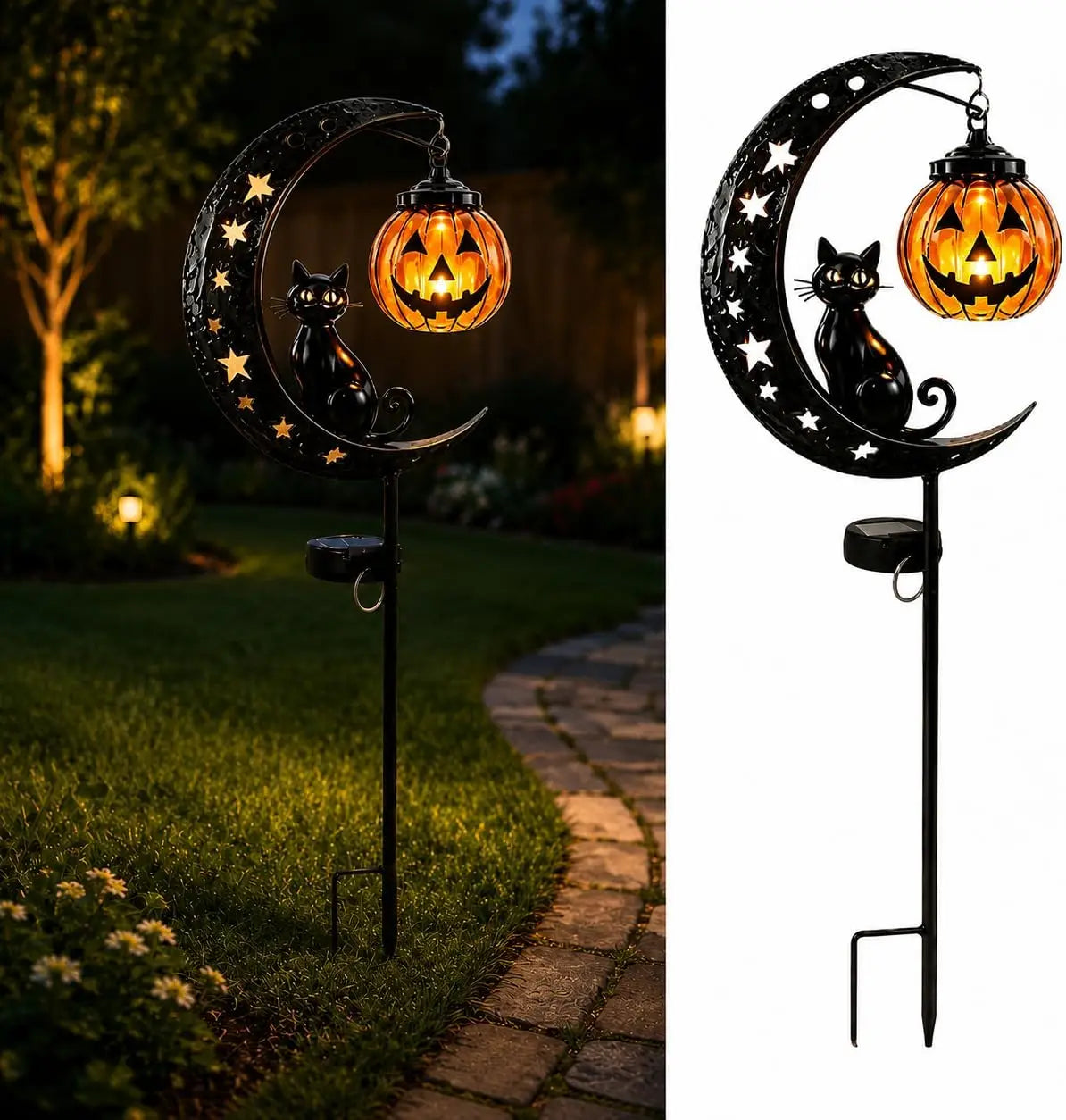 Halloween Solar Garden Stake Light Featuring Cat And Moon