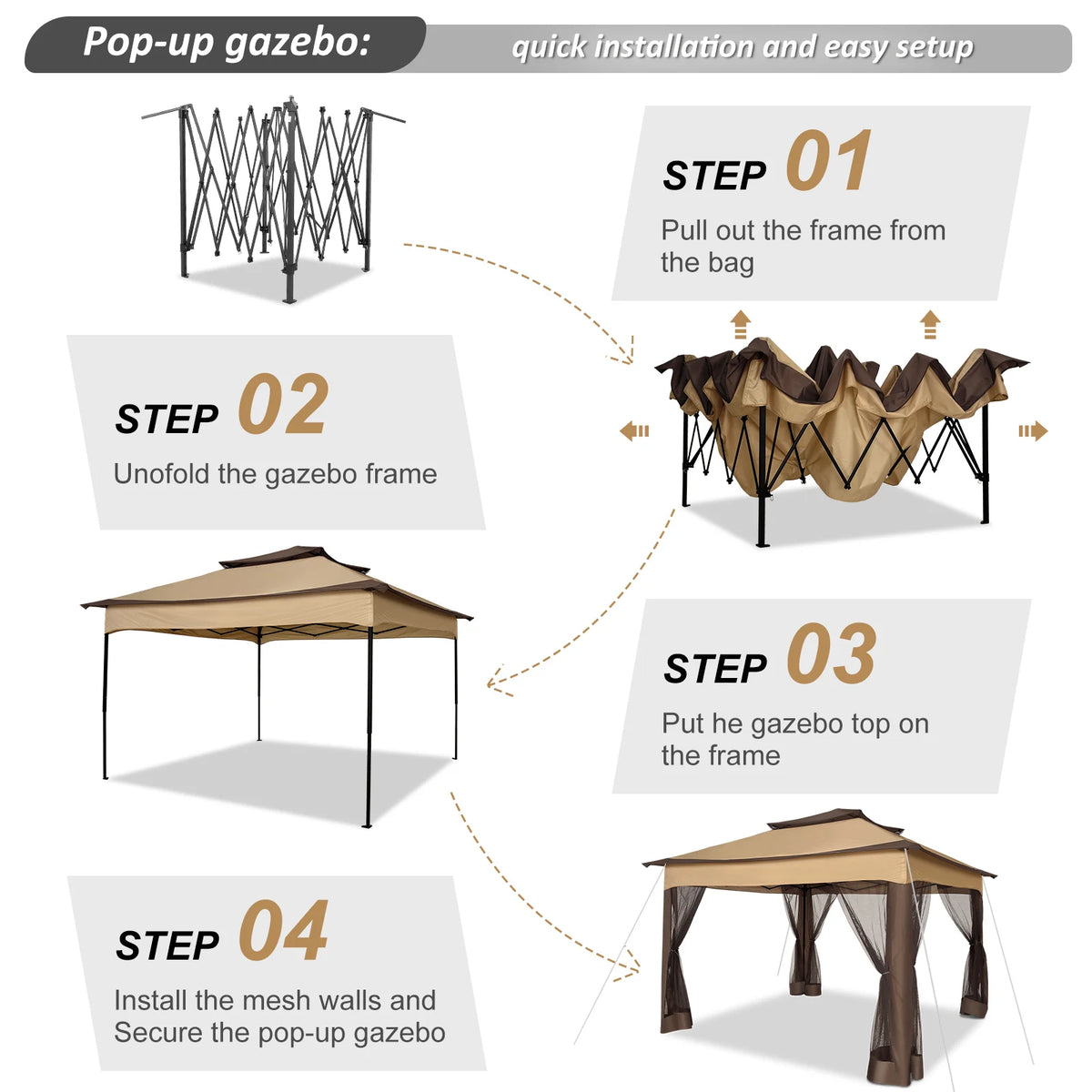 12x12FT Pop Up Gazebos On Clearance - Upgrade Easy Up Metal Outdoor Gazebo Waterproof - Portable Gazebo with Mosquito Nettings, 4 Ropes 8 Stakes and Carry Bag for Patio Garden