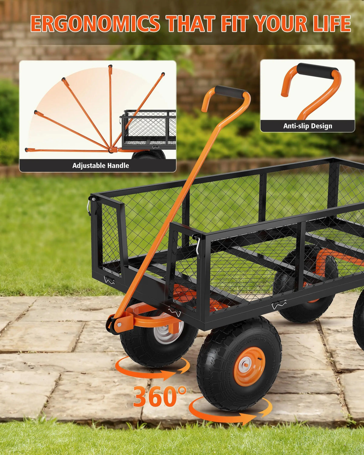 Heavy Duty Steel Garden Cart With Adjustable Handle And Large Capacity