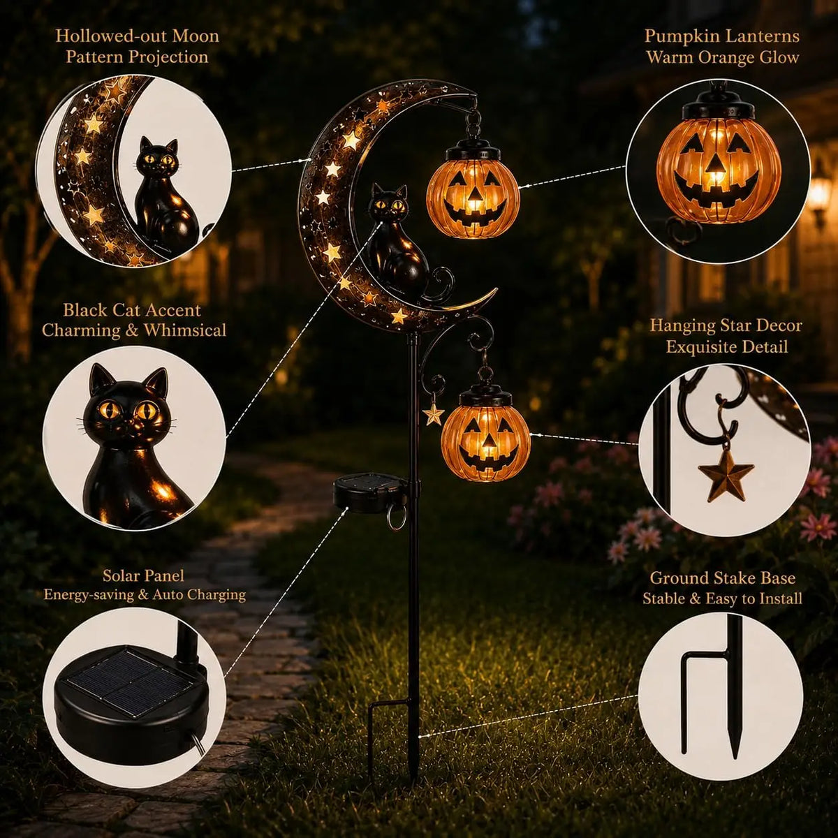 Halloween Solar Garden Stake Light Featuring Cat And Moon