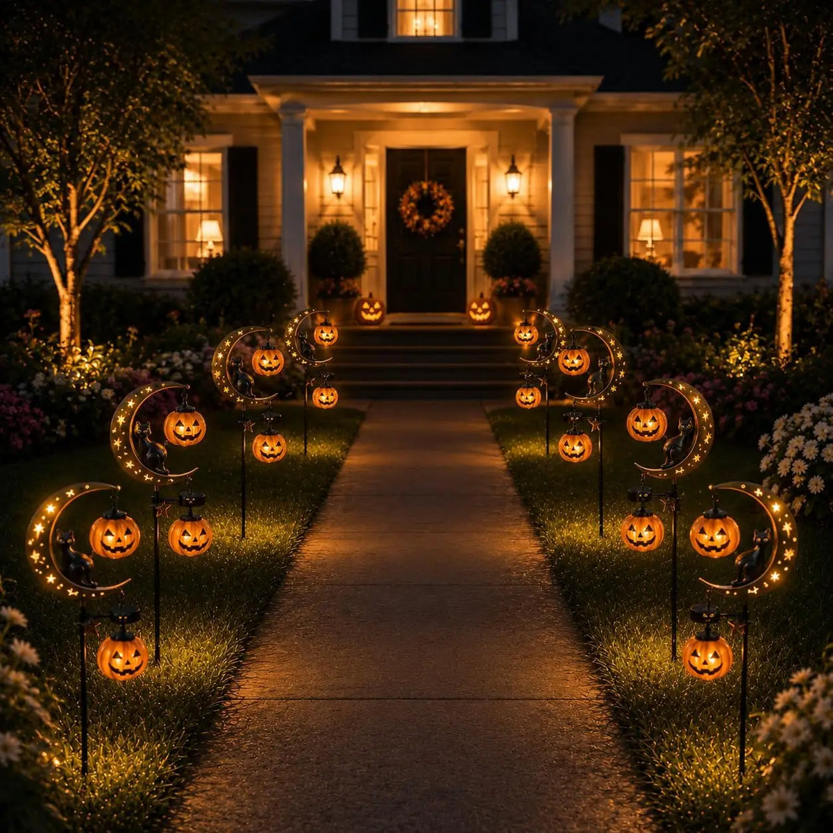 Halloween Solar Garden Stake Light Featuring Cat And Moon