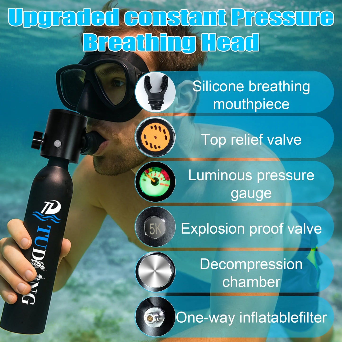 TUDIVING-0.5L Mini Scuba Diving Tank,Lung Tank with Diving Mask,Portable Scuba Tank with Pump for Underwater Breathing Training