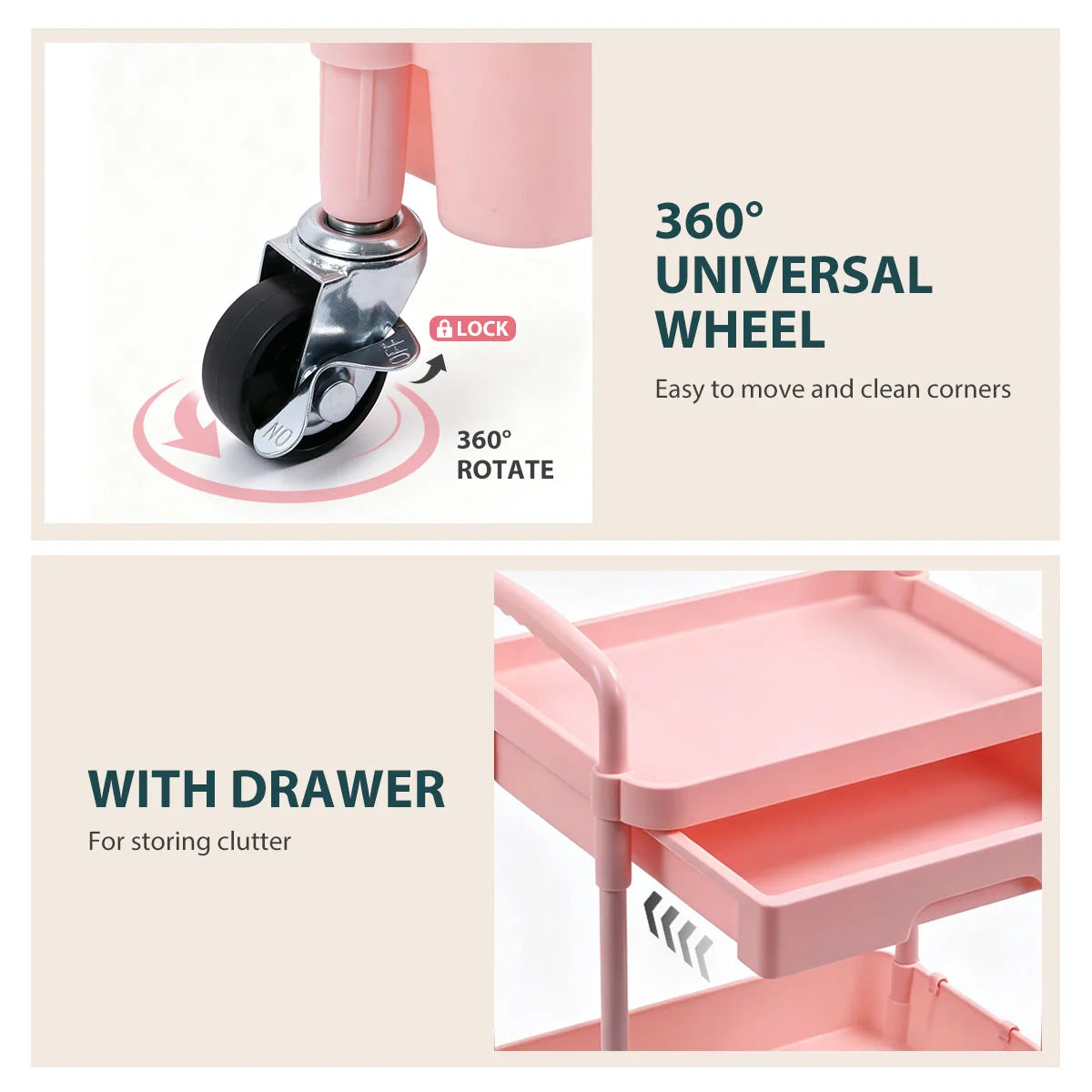 Metal Rolling Storage Cart With Drawer And Hanging Cups