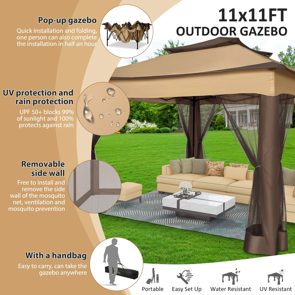 12x12FT Pop Up Gazebos On Clearance - Upgrade Easy Up Metal Outdoor Gazebo Waterproof - Portable Gazebo with Mosquito Nettings, 4 Ropes 8 Stakes and Carry Bag for Patio Garden