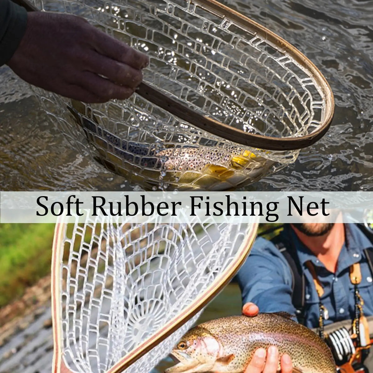 Soft Rubber Fly Fishing Net Wooden Handle Catch And Release