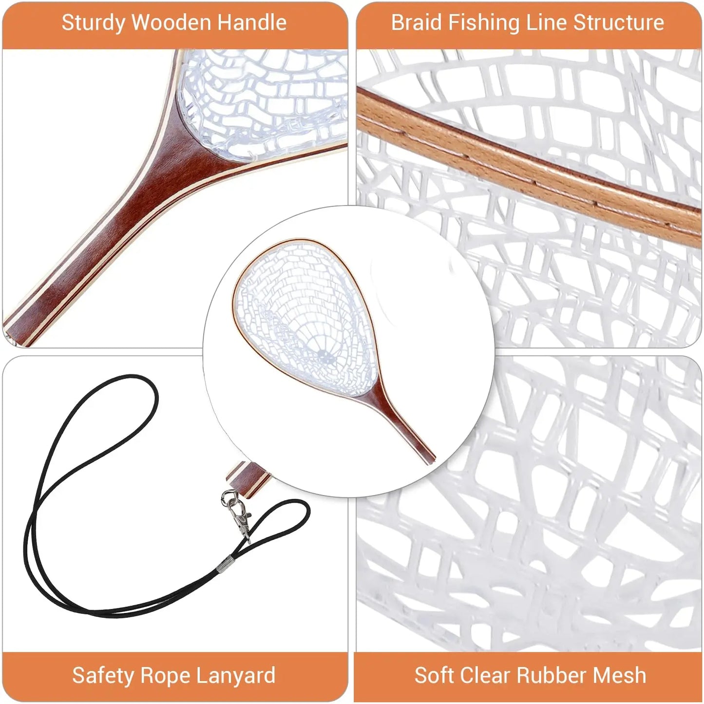Soft Rubber Fly Fishing Net Wooden Handle Catch And Release