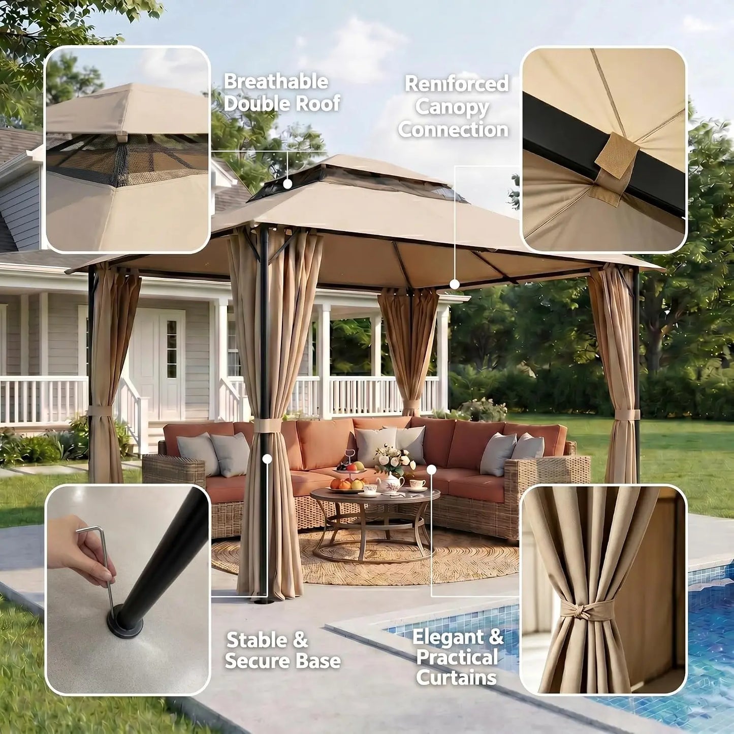 10×10 Gazebo with Cold-Proof Curtains ,Heavy Duty Gazebo Double Roof with Metal Frame,Tents for Patio, Deck,Backyard