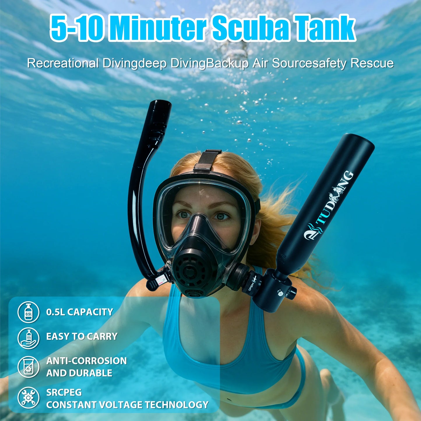 TUDIVING-0.5L Mini Scuba Diving Tank,Lung Tank with Diving Mask,Portable Scuba Tank with Pump for Underwater Breathing Training