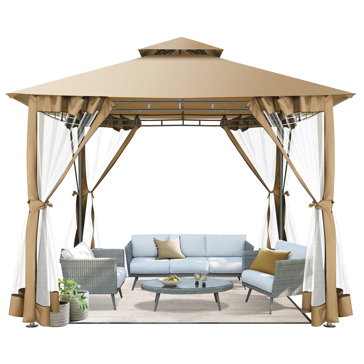 10×10 Gazebo with Cold-Proof Curtains ,Heavy Duty Gazebo Double Roof with Metal Frame,Tents for Patio, Deck,Backyard