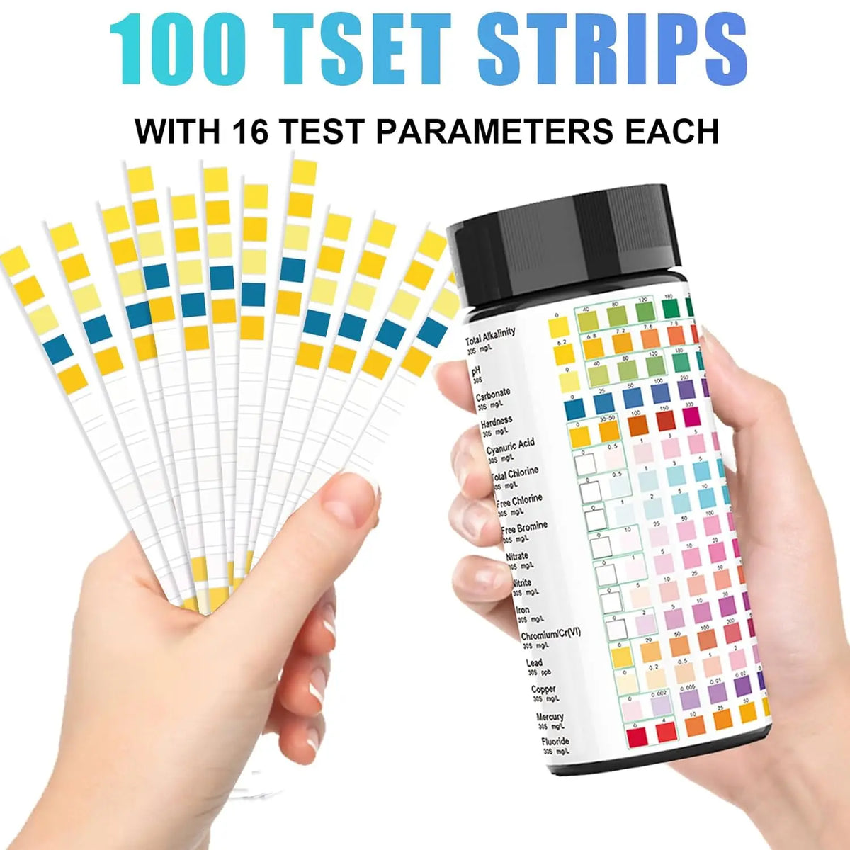 16-in-1 Water Test Kit Strips, 100 Count Drinking Water Quality Test Strips for Home, Tap, Well, Pool, Aquarium & RV Water Testing, Tests pH, Hardness, Chlorine, Lead, Iron, Copper & More