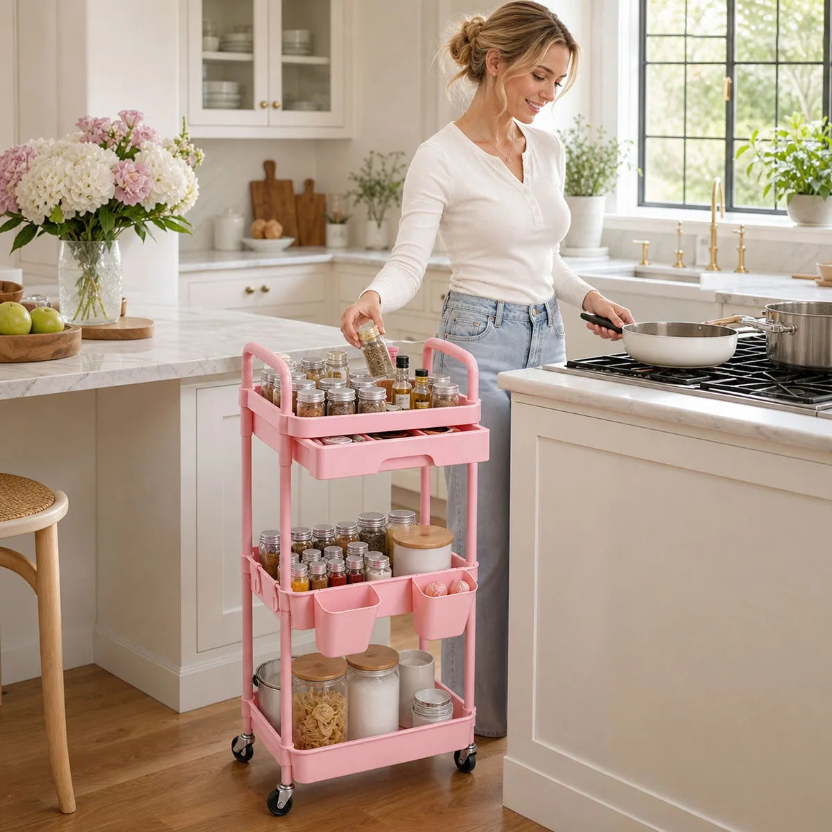Metal Rolling Storage Cart With Drawer And Hanging Cups