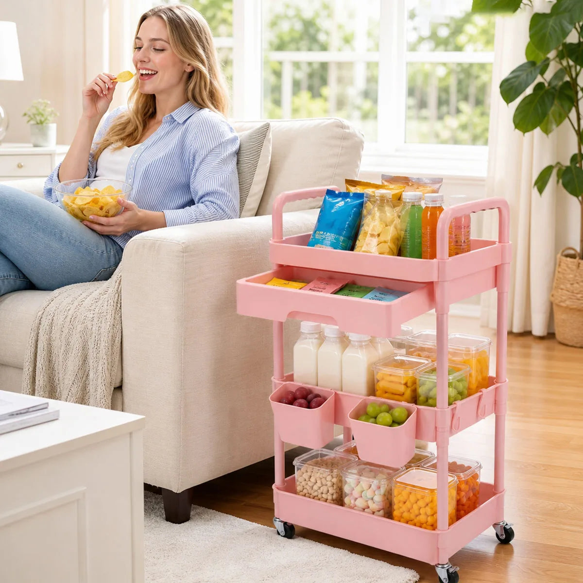 Metal Rolling Storage Cart With Drawer And Hanging Cups