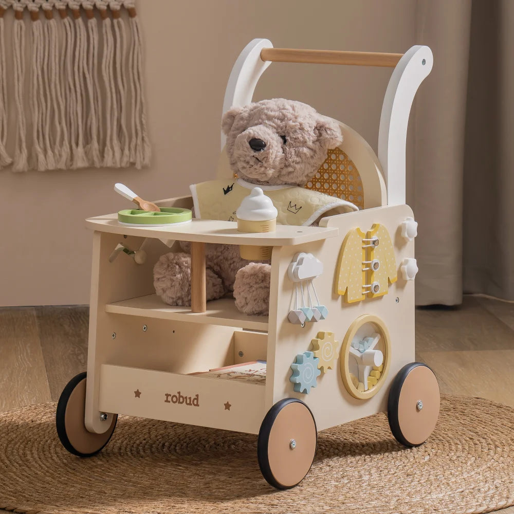 Robud Toddler Wooden Push Walker With Activity Panel And Storage