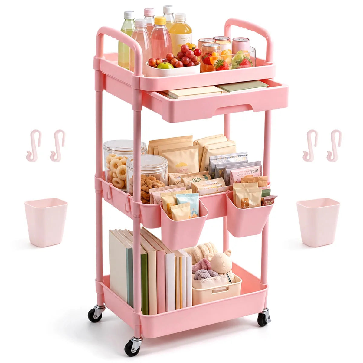 Metal Rolling Storage Cart With Drawer And Hanging Cups