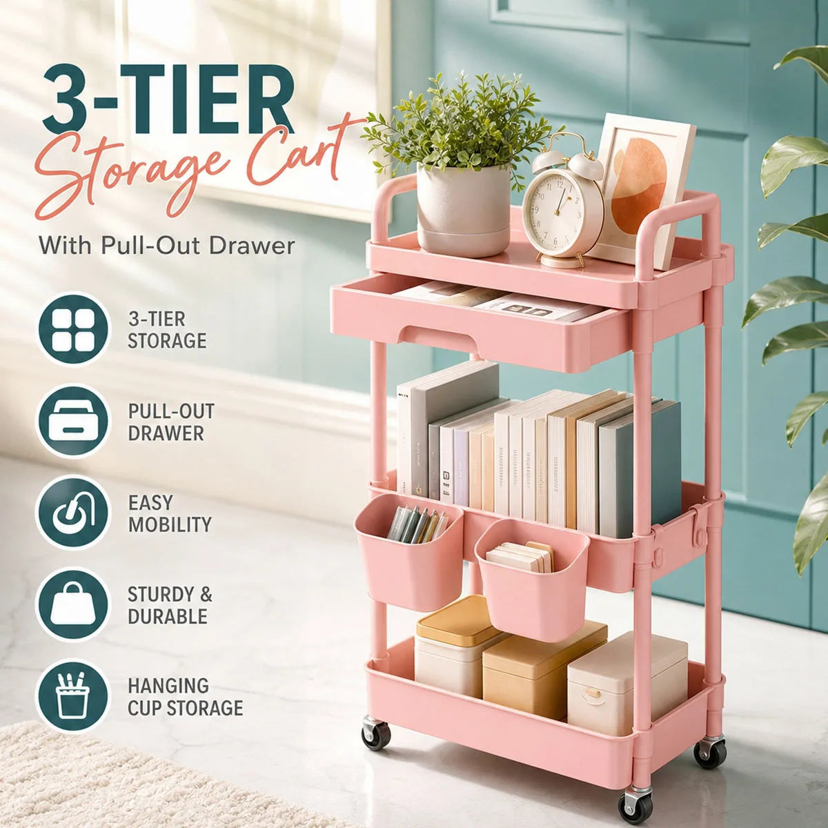 Metal Rolling Storage Cart With Drawer And Hanging Cups