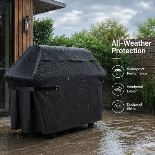 1-Pack Heavy-Duty BBQ Cover—Sun and Dust Protection, All-Weather Protection, Velcro Straps, and a Drawstring at the Bottom for Double Securing—Wind-Resistant and Stay-in-Place—Ideal Outdoor BBQ Accessory for Camping, Ba