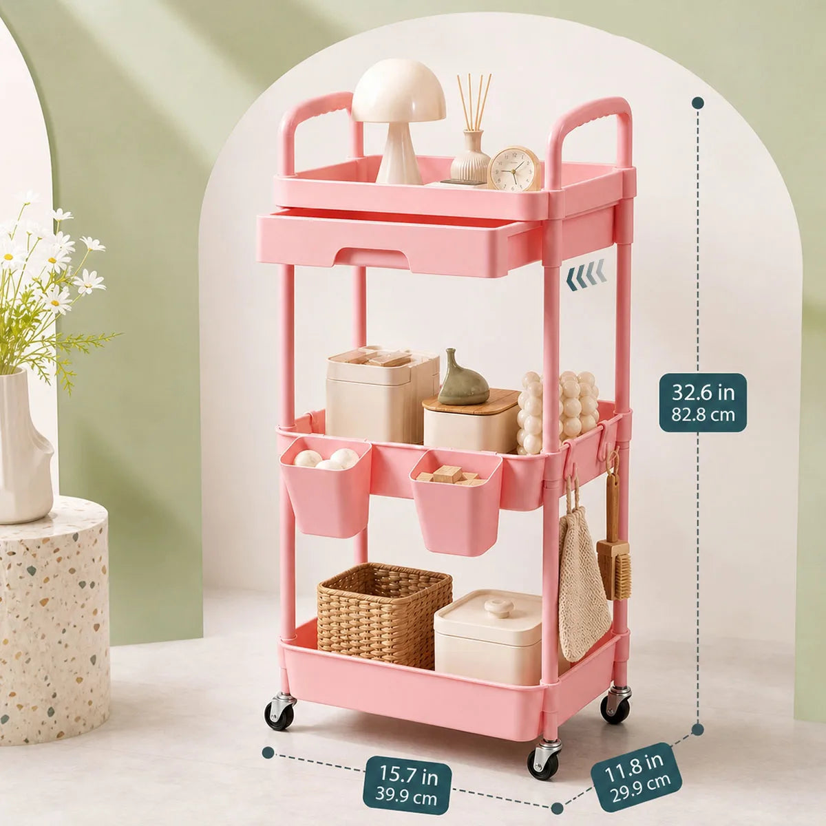 Metal Rolling Storage Cart With Drawer And Hanging Cups