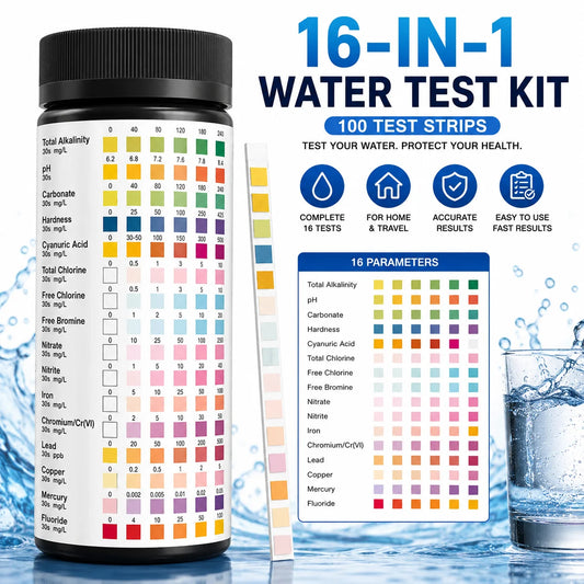 16-in-1 Water Test Kit Strips, 100 Count Drinking Water Quality Test Strips for Home, Tap, Well, Pool, Aquarium & RV Water Testing, Tests pH, Hardness, Chlorine, Lead, Iron, Copper & More